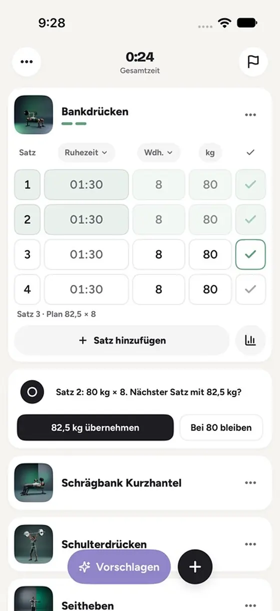 FitCoach im Training: Satz 2 mit 80 kg und 8 Wiederholungen, Vorschlag für den nächsten Satz mit 82,5 kg